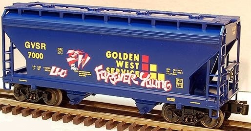 Golden West 2-Bay Covered Hopper w/graffiti "LLC Forever Young" image