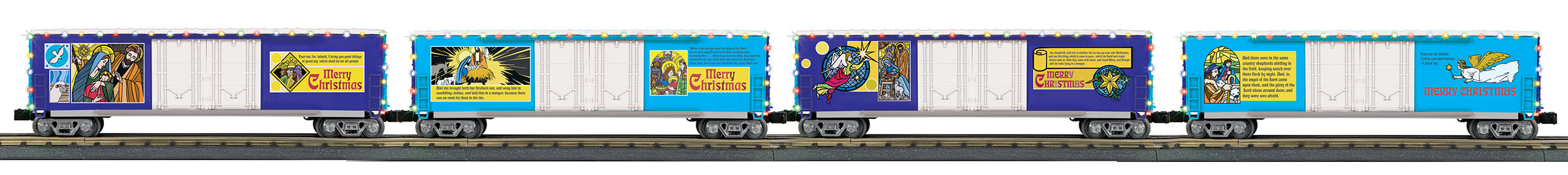 Christmas 4-Car 50' Double Door Plugged Boxcar Set With LED Lights image